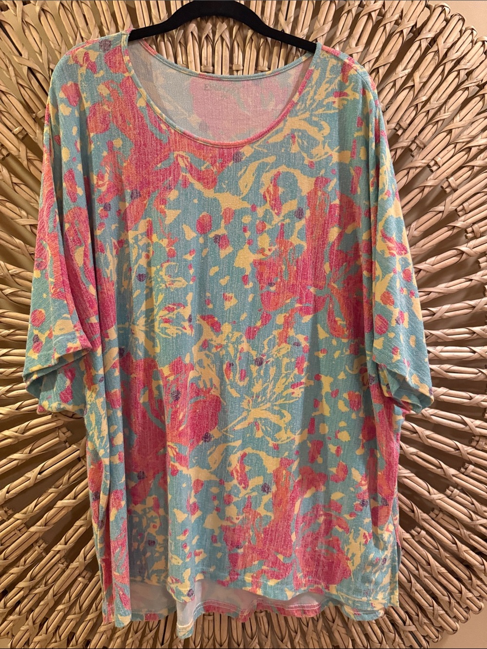 Scoop Neck Floral Print Tee in Aqua, Pink & Yellow